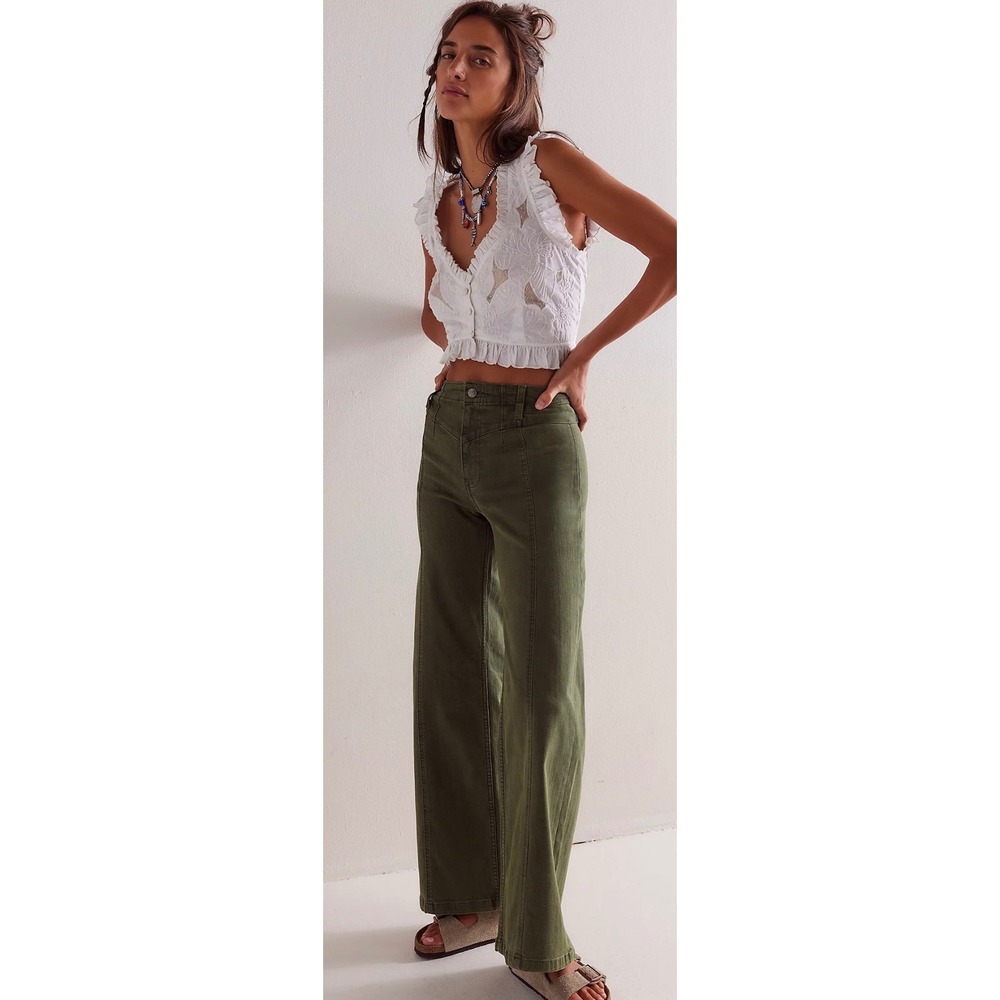 We The Free Free People Libre Mid-Rise Wide Leg Pants Olive Green Size 25.